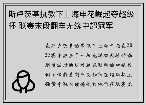 斯卢茨基执教下上海申花崛起夺超级杯 联赛末段翻车无缘中超冠军